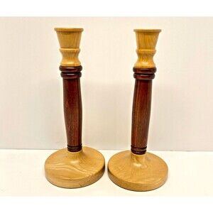 Pair Vintage Hand Turned Mixed Wood Candlestick Holders 10” Tall